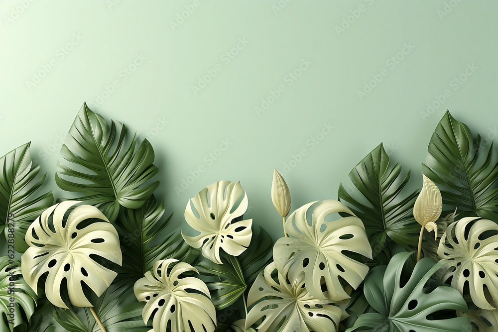 Monstera palm plant with copy space for text banner. Generative AI.