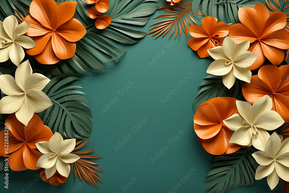 Areca palm plants and flowers in orange, yellow, and green colors, with copy space, with green background. Generative AI.