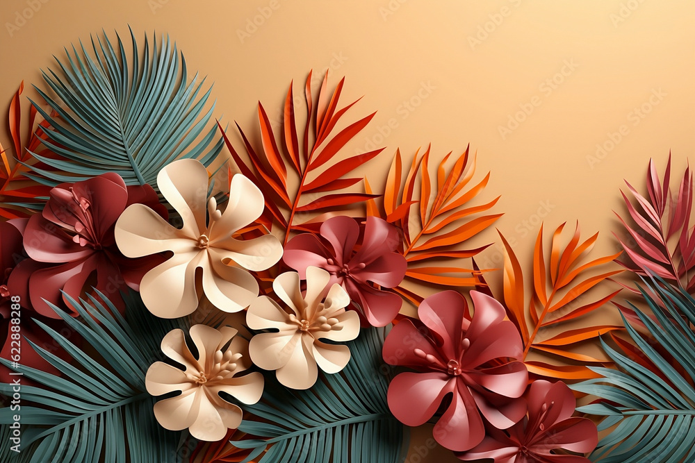 Areca palm plant and flowers in orange, bordeaux, cream, and green colors, with copy space, with orange background. Generative AI.