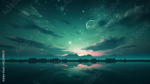 Beautiful Nature Landscape of Wide Sea Lake with Full Moon and Starlight at Calm Night