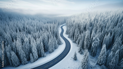 Forest in snow. Snowy forest road. Forest road from above