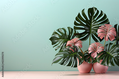 Obraz na płótnie Monstera palm plants in pots with copy space. Generative AI. w salonie