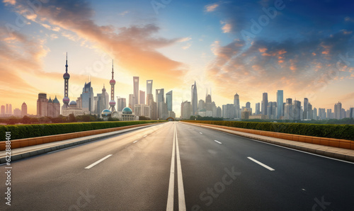 Empty asphalt road and city skyline with buildings at sunset in Shanghai.
