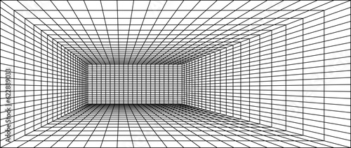 Wireframe grid room. 3d perspective background. Futuristic digital outline space. Black and white geometric design. Vector template illustration. Angle point of view.