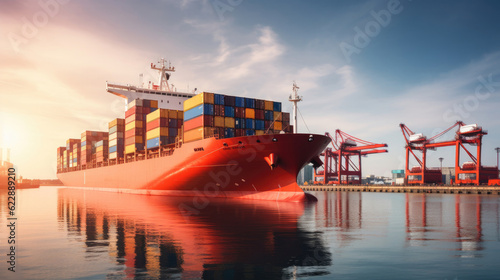 Rear view cargo container ship. Business logistic transportation sea freight, Cargo ship, Cargo container in deep sea port at industrial estate for import export around in the world