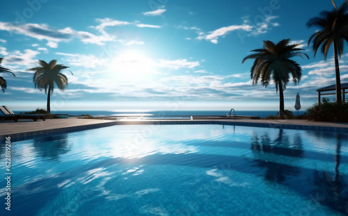 pool relaxation water home luxury swimming large palm summer blue. Generative AI.