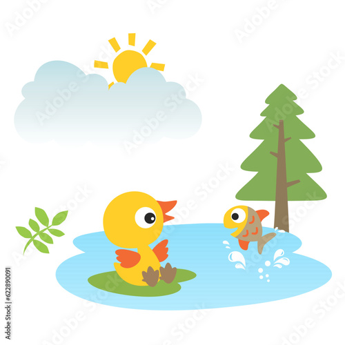 happy duck and fish cute cartoon design vector