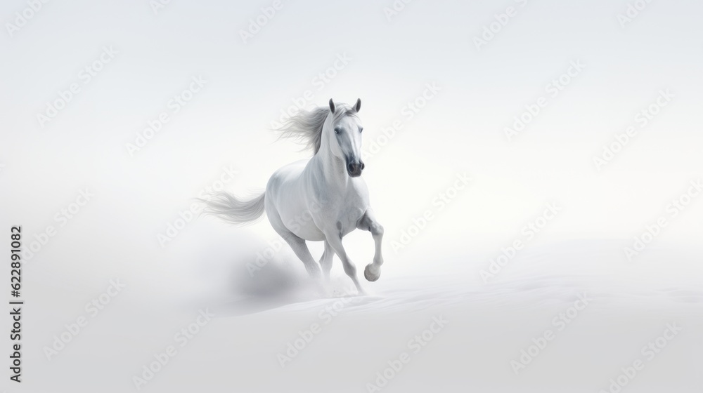 White horse gallops in an abstract white desert with white fog. AI generation White horse gallops in an abstract white desert with white fog. AI generation