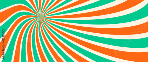 Spinning radial lines background. Orange green curved sunburst wallpaper. Abstract warped sun rays and beams comic texture. Vintage summer backdrop for posters  banners  templates. Vector illustration