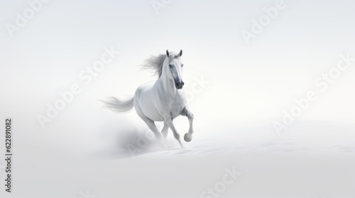 White horse gallops in an abstract white desert with white fog. AI generation 