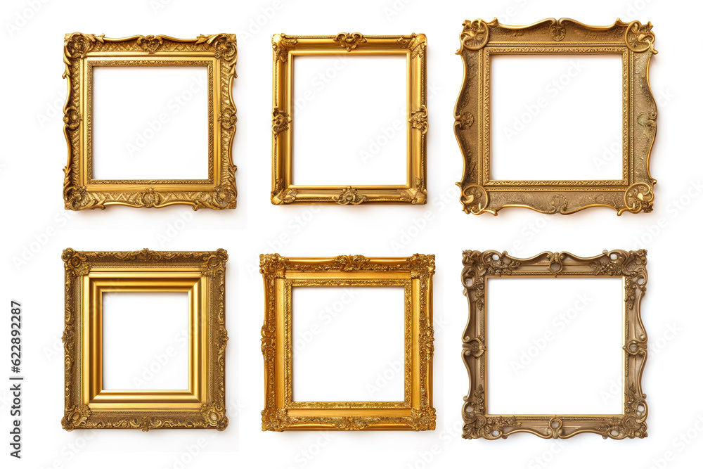Image of picture gold frames collection on a white background. Illustration, Generative AI. Image of picture gold frames collection on a white background. Illustration, Generative AI.