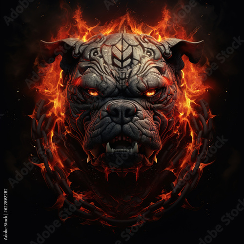 Image of angrya bulldog demon and flames on dark background. Pet. Animals. Illustration, Generative AI. © yod67