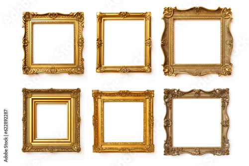 Image of picture gold frames collection on a white background. Illustration, Generative AI.