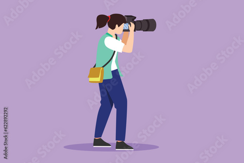 Graphic flat design drawing woman photographer with sling bag, holding photo camera and photographing. Creative profession, occupation. Happy female take photo shot. Cartoon style vector illustration