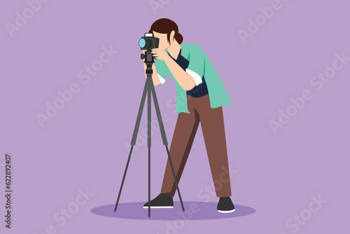 Graphic flat design drawing beautiful woman paparazzi or photographer shooting appearance of show business stars or other celebrities with tripod. Female with camera. Cartoon style vector illustration