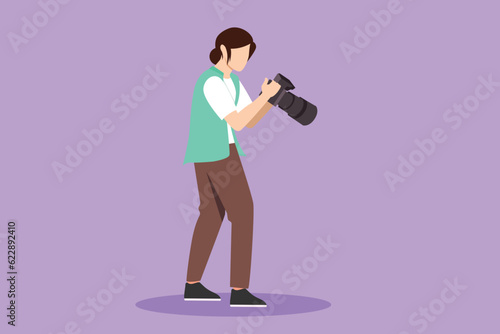 Graphic flat design drawing beautiful woman photographers or paparazzi taking photo with digital cameras with angles. Girl Journalists or reporters checking pictures. Cartoon style vector illustration