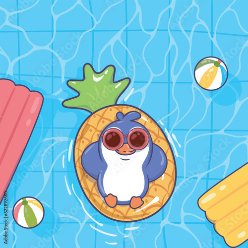 Cute penguin floating with pineapple pool floatie. animal summer icon concept isolated