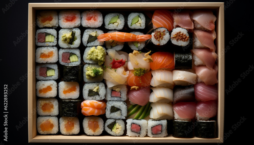 Gourmet sushi plate with fresh seafood variation generated by AI Gourmet sushi plate with fresh seafood variation generated by AI