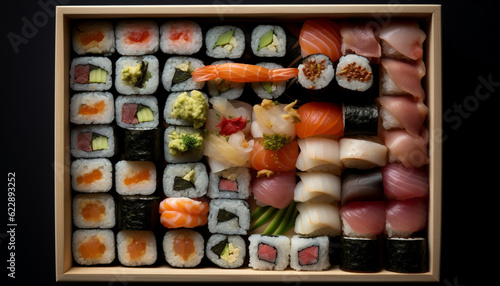 Gourmet sushi plate with fresh seafood variation generated by AI
