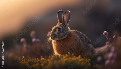 Fluffy baby rabbit sits in green meadow generated by AI