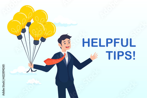 Smart businessman holding light bulb ideas balloon telling helpful tips, helpful tips for business, useful ideas or smart trick to success, advice or suggestion information for improvement (Vector)