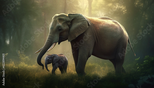 Large African elephant family walking in tranquil savannah generated by AI