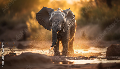 African elephant walking in the savannah sunset generated by AI © grgroup