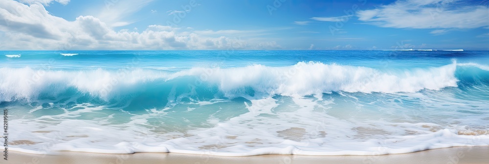 Tropical ocean beach waves. Seaside landscape with dreamy Caribbean shore in the tropics. Summer beach chair in the sand.