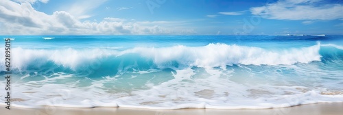 Tropical ocean beach waves. Seaside landscape with dreamy Caribbean shore in the tropics. Summer beach chair in the sand. © Fox Ave Designs