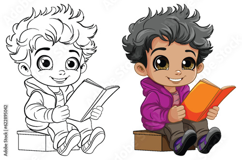 Cute Boy Reading Book Outline for Colouring
