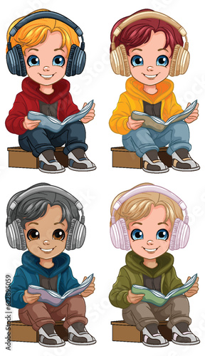 Boy reading a book and wearing headset