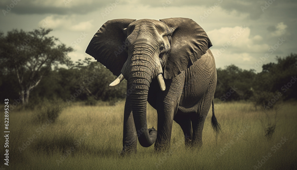 Fototapeta premium Large African elephant walking in tranquil wilderness generated by AI