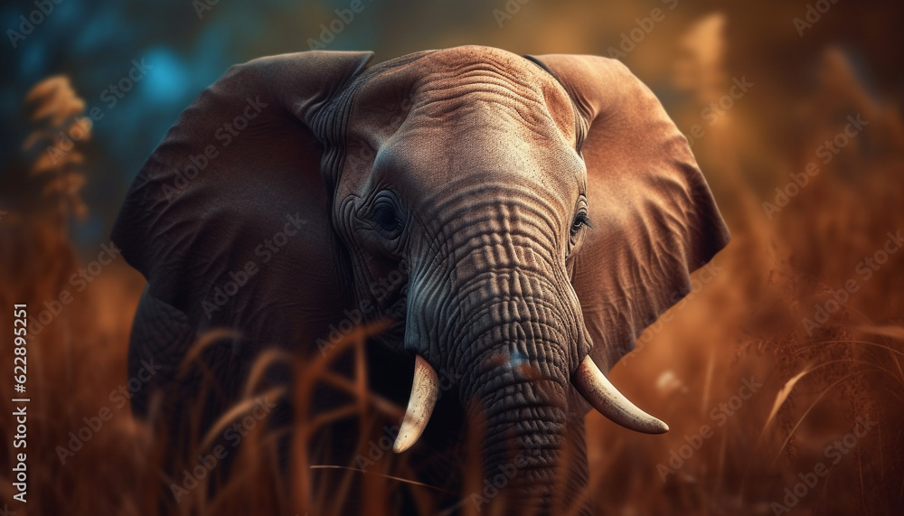African elephant walking in tranquil savannah grass generated by AI