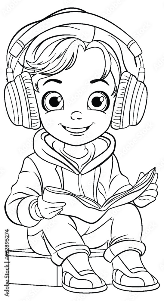 Boy reading a book and wearing headset doodle outline Boy reading a book and wearing headset doodle outline