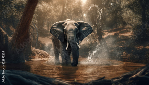 Large African elephant walking through wet forest generated by AI