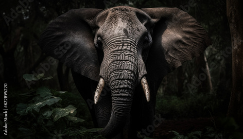 African elephant walking in tranquil wilderness area generated by AI