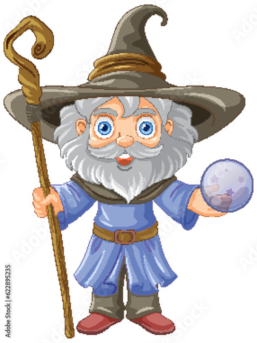Old wizard wearing a hat with a long beard holding stick