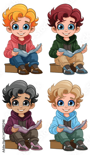 Set of boy sitting and reading a book
