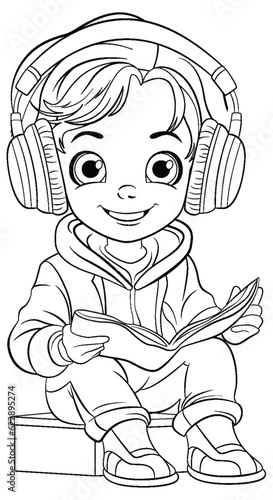 Boy reading a book and wearing headset doodle outline