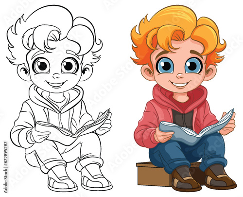 Boy sitting and reading the book  and its outline