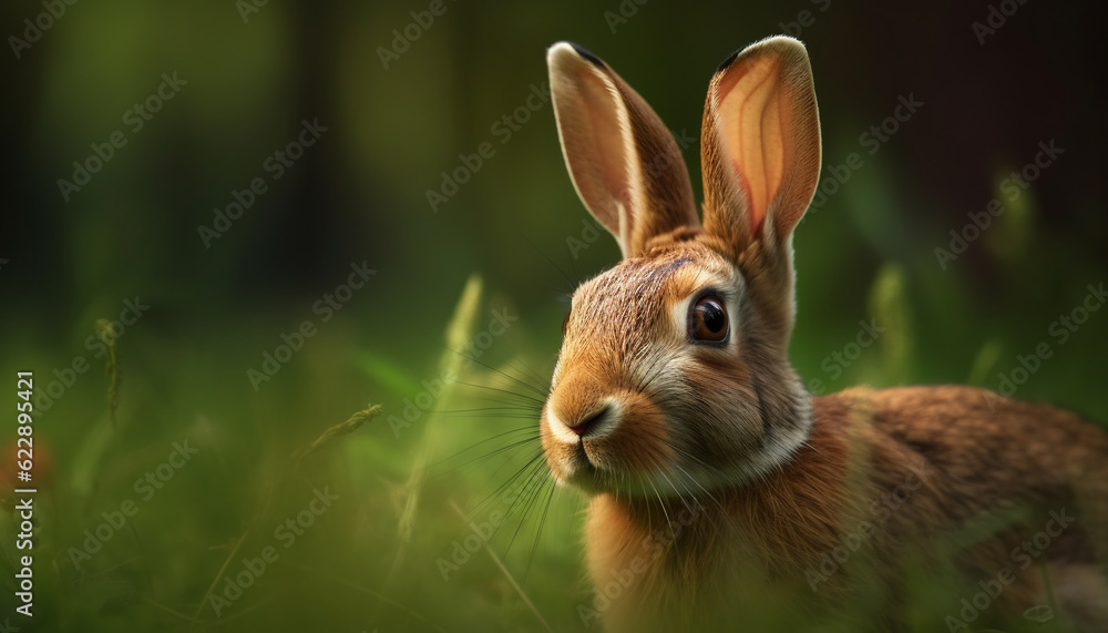 Fluffy baby rabbit sitting in green meadow generated by AI Fluffy baby rabbit sitting in green meadow generated by AI