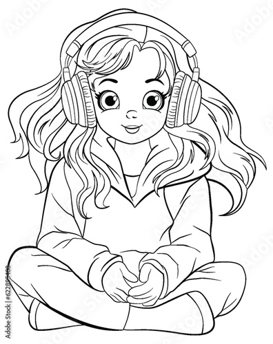 Doodle girl wearing headset listening to music