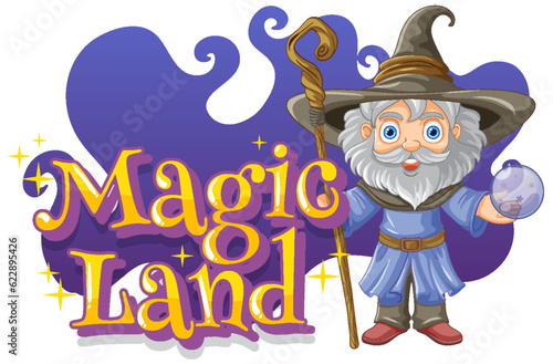 Font design for word magic land with wizard cartoon character