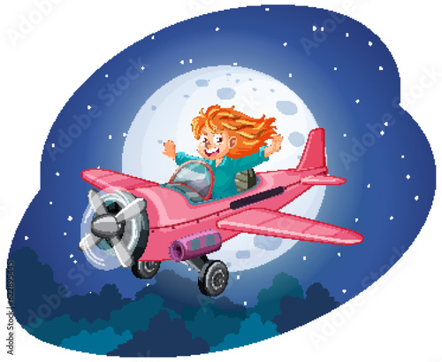 Happy girl riding a plane at night