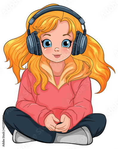 Female youth wearing headset listening to music and sitting on the floor