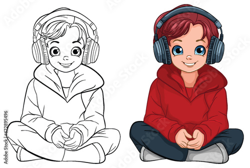 Boy sitting on the floor listening to music with headset and doodle outline