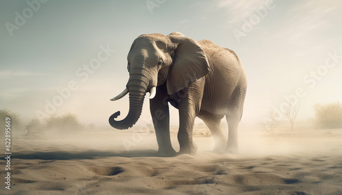 Majestic elephant walking in tranquil African savannah generated by AI