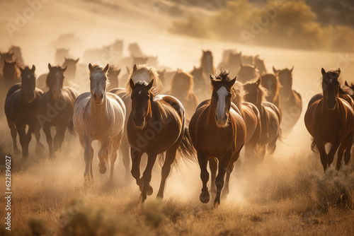 a majestic herd of wild horses galloping through an open field, illustrating the spirit of freedom and untamed beauty, generative AI