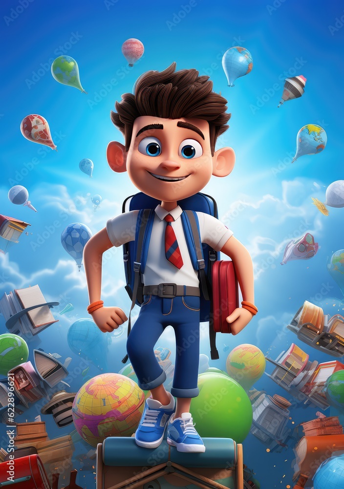Fototapeta premium Schoolbound Fun. Cute and Lively 3D Character Poster Featuring Friends Excited for Back to School.