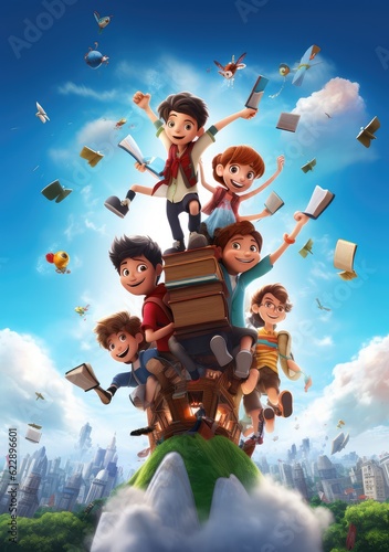 Schoolbound Fun. Cute and Lively 3D Character Poster Featuring Friends Excited for Back to School.